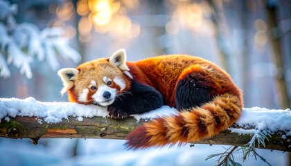 A cute red panda bear and a wild tiger cub in the snow