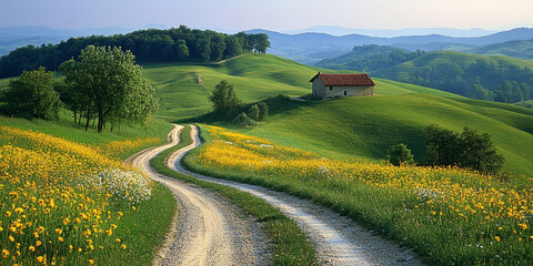 scenic countryside landscape with rolling hills and winding dirt road