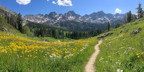 scenic mountain trail surrounded by vibrant wildflowers and lush greenery