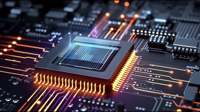 Next Gen CPU. Microarchitecture. RISC-V. Nanotechnology. Chiplet design. ARM processors. A close-up of a computer chip on a circuit board with glowing connections.