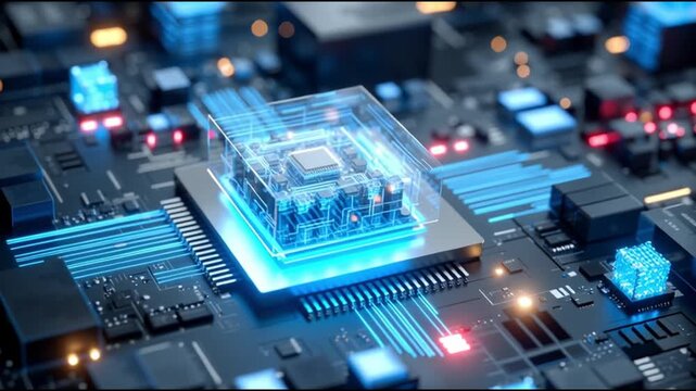 Next Gen CPU. Microarchitecture. RISC-V. Nanotechnology. Chiplet design. ARM processors. A futuristic microchip on a circuit board with glowing elements.