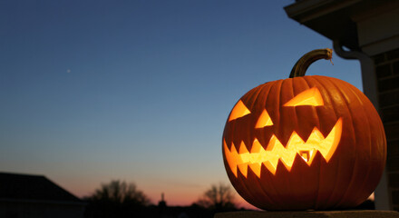 Glowing jack o lantern on porch at dusk