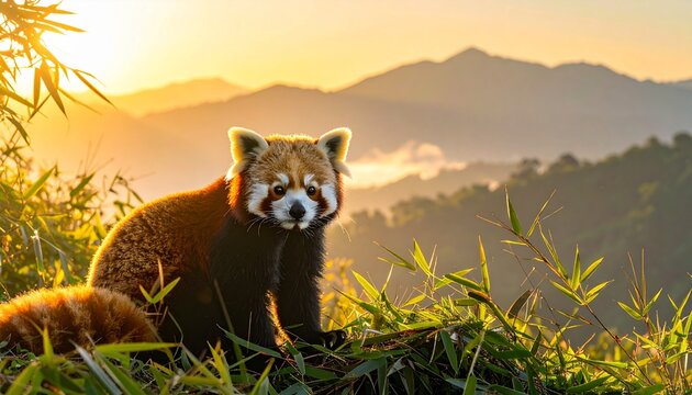 A cute, wild red panda (Ailurus fulgens), an endangered mammal native to Asia, perches on a rock in the forest among the bamboo