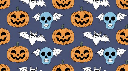 Fototapeta premium Seamless Halloween Pattern Featuring Pumpkins Skulls and Bats on a Dark Background Perfect for Festive Designs and Decorations
