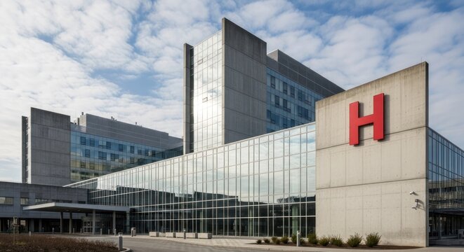 Modern hospital exterior, concrete and glass facade, large H sign - Powered by Adobe