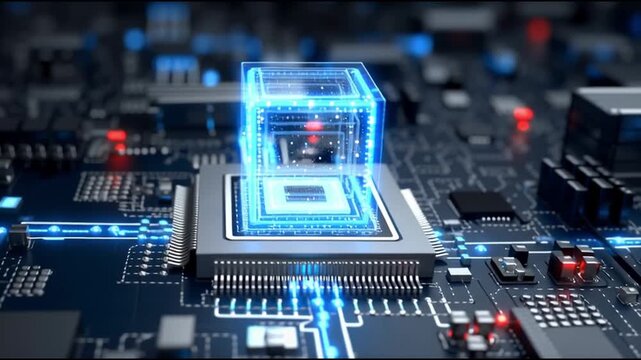 Next Gen CPU. Microarchitecture. RISC-V. Nanotechnology. Chiplet design. ARM processors. A futuristic processor with a glowing, transparent cube above it.