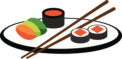Scalable vector sushi platter with chopsticks and soy sauce asian food illustration