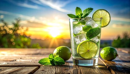 Refreshing Close-up of Lime Mint Cocktail (Mojito) in Summer Sunlight. 