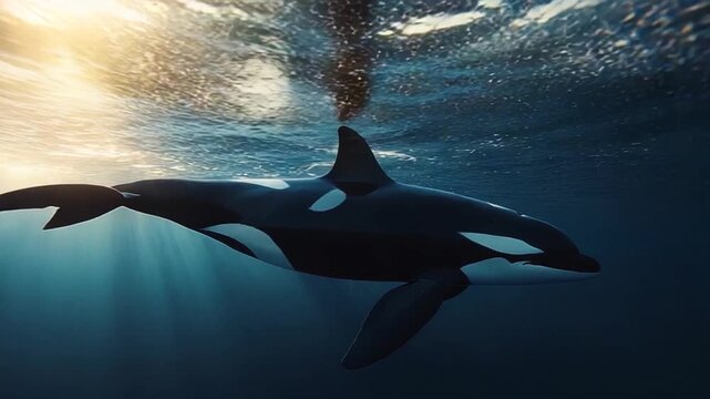 Majestic orca glides through sunlit underwater depths.