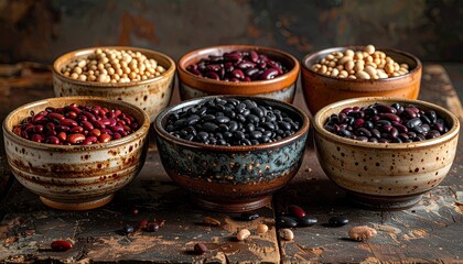 Assortment of Dried Beans Displayed in Rustic Bowls on Wooden Surface with Dark Backdrop, Focus on Variety and Texture