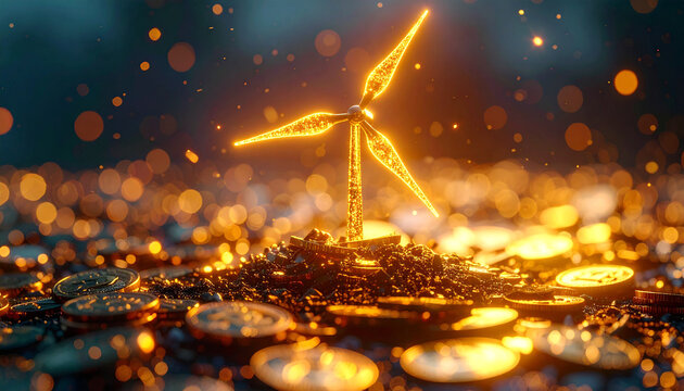 Energy Investment: An illuminated windmill symbol sits atop a bed of coins, representing the growth and rewards of sustainable energy investments, all captured in a visually stunning close-up.