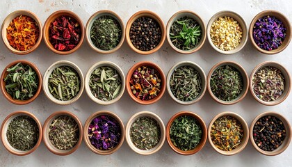 Assortment of Dried Herbs and Flowers in Small Bowls Displayed on a Textured White Background Creating a Vibrant and Colorful Botanical Pattern