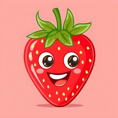 Obraz premium Cute cartoon strawberry with happy face and seeds visible, bright red vector illustration, fun design, professional stock quality 