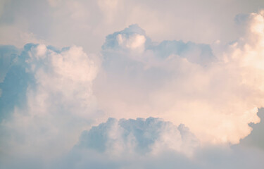 White fluffy cumulus clouds podium on blue sky with empty space background.Beauty cosmetic product placement pedestal present promotion minimal stand display,dreamy concept.