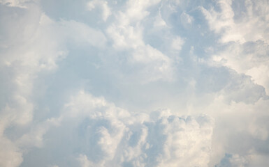 White fluffy cumulus clouds podium on blue sky with empty space background.Beauty cosmetic product placement pedestal present promotion minimal stand display,dreamy concept.