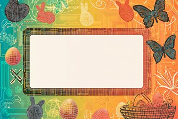 Easter postcard design with circuit board elements and cheerful bunnies