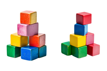Colorful building blocks arranged in a playful stack, isolated on white background, perfect for educational and kids