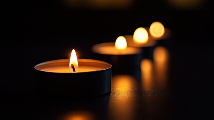 Flickering candles arranged in a row on a dark surface, casting warm light and creating a serene atmosphere, ideal for relaxation and meditation moments