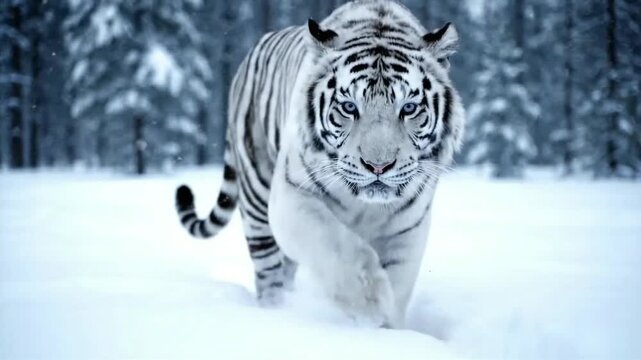 Majestic white tiger emerges from a snow-covered forest, its intense gaze fixed forward, embodying the wild and untamed spirit of nature's most magnificent predators during a harsh winter season