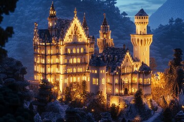 Fototapeta premium Castle with brightly shining walls stands cheerfully against a backdrop of majestic mountains and clear blue skies