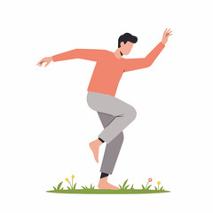 Young man dancing joyfully on grass with colorful flowers around  