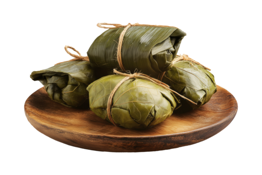 Venezuelan tamales wrapped in corn husk, tied with rustic rope, isolated on white transparent background, representing traditional South American cuisine