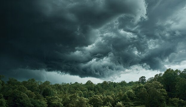 Dark, ominous clouds gather over a verdant forest