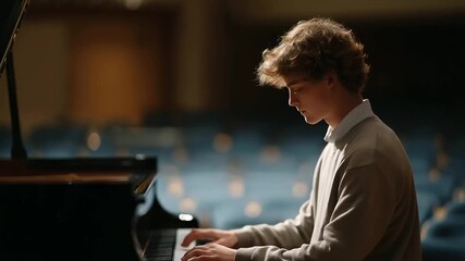 teen pianist practicing new piece in school auditorium stage lights faint echo educational dedication three quarter wide angle cinematic color correction gentle backlight clean