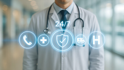 Doctor in uniform standing with a stethoscope and abstract glowing icons representing 24/7 medical service ambulance emergency hospital insurance protection and accessible healthcare support 