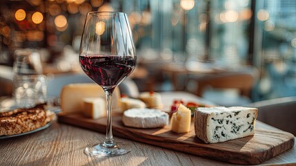 Fototapeta premium Wine glass of red wine with assorted cheeses on a wooden board