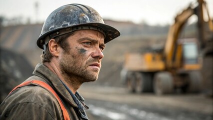 Determined male maintenance worker with grease on face staring at camera in heavy industrial environment