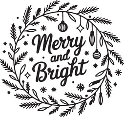 Merry and Bright Floral Wreath Holiday Greeting on Transparent Background