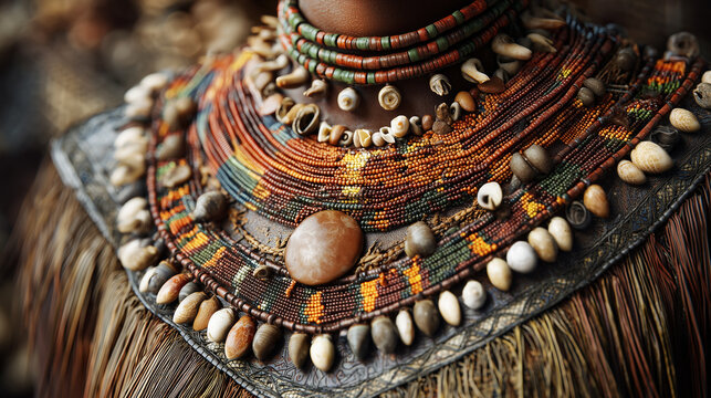 Colorful traditional tribal necklace with natural beads, stones, and shells representing indigenous African cultural heritage
