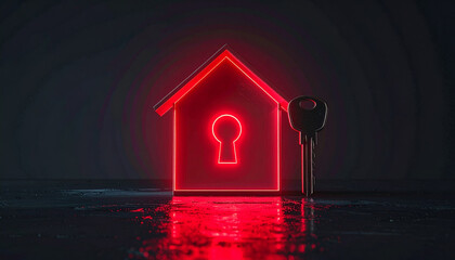 Conceptual digital key unlocking glowing red house symbolizing security and access in dark background with modern feel