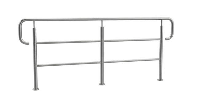 Isolated indoor metal handrail for staircase, three bar rail with tubular steel posts