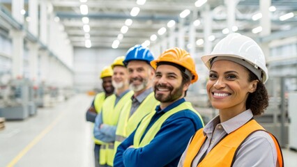 Obraz premium Diverse industrial workers smiling in safety gear manufacturing facility team photo dynamic environment close-up view celebrating teamwork and safety