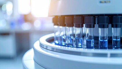 Automated Laboratory Equipment with Multiple Vials Filled with Blue Liquid for Testing Under Bright Lighting