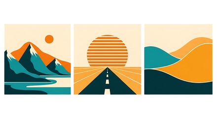 Minimalist nature scenes with mountains, sun and road, perfect for wall art, posters, or website backgrounds that evoke a sense of tranquility and adventure