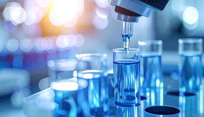 Automated Liquid Handling System Fills Blue Liquid Test Tubes in Modern Laboratory with Advanced Equipment and Bright Clinical Light