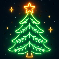 Christmas Neon Icon - Tree with Shining Star.