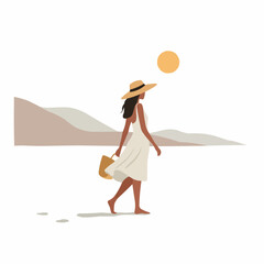 Young woman walking on beach in summer dress with straw hat  