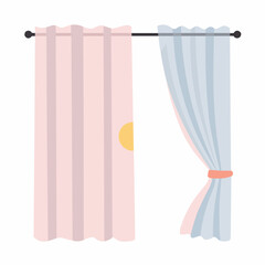 Soft pastel curtains in light colors hanging on a rod  