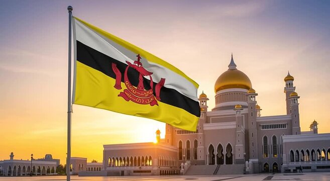Flag of brunei waving in front of the sultan omar ali saifuddien mosque