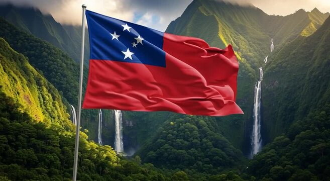 Samoan flag waving proudly against a backdrop of lush waterfalls