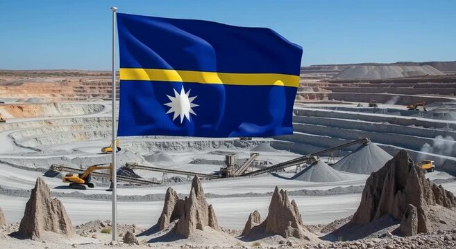 Nauru flag waving over a phosphate mine with heavy machinery visible