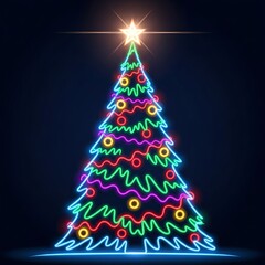 Christmas Neon Icon - Tree with Shining Star.