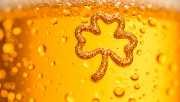 Closeup of beer with shamrock shape in foam for St. Patrick's Day  