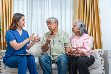 Home Care Nurse Explaining Treatment Plan to Senior Couple with Cane,  Healthcare Professional Advising Elderly Patients, Caregiver Giving a Thumbs Up to Older Adults, Geriatric Consultation