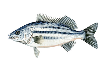 Fototapeta premium Detailed Watercolor Painting of Striped Sea Bass Isolated on Transparent Background. Striped Sea Bass Fish Watercolor Cutout PNG.