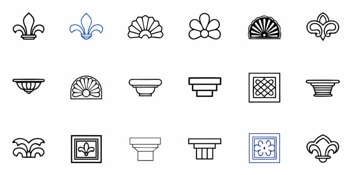 Elegant decorative elements collection featuring fleur-de-lis, floral motifs, and architectural accents for sophisticated design projects